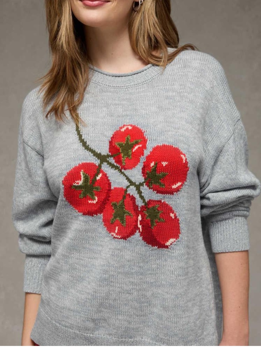 American Eagle Big Hug Oversized Crewneck Sweater with Red Tomato Motif - Picture 1 of 6